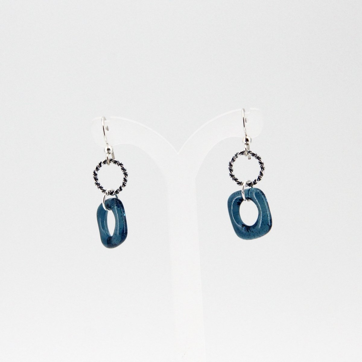 Blue Glass Earrings with Silver Twisted Wire Circle