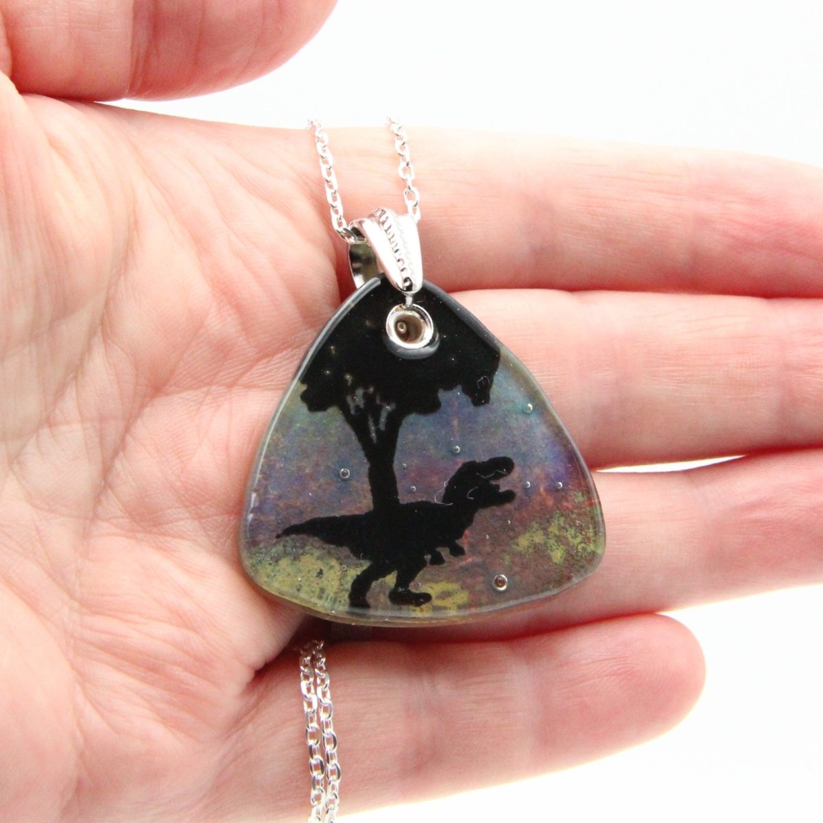 Blue Tyrannosaurus Rex Glass Pendant on a Silver Chain