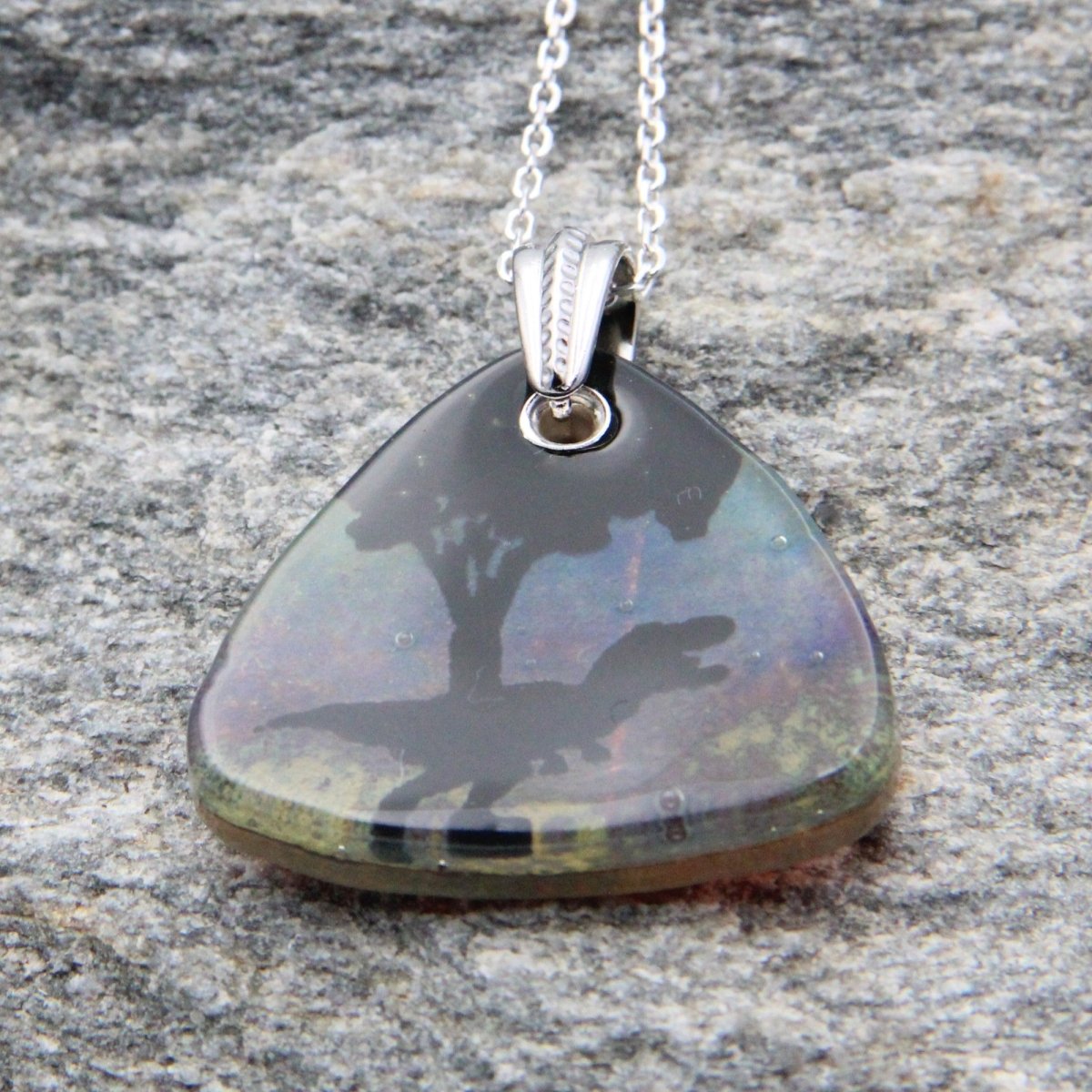 Blue Tyrannosaurus Rex Glass Pendant on a Silver Chain
