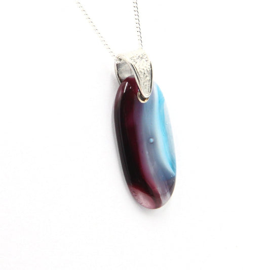 Burgundy, White, and Turquoise Glass Pendant with Silver Accents