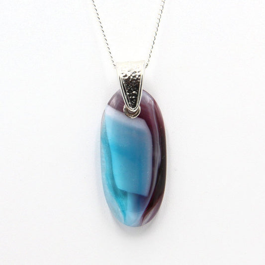 Burgundy, White, and Turquoise Glass Pendant with Silver Accents