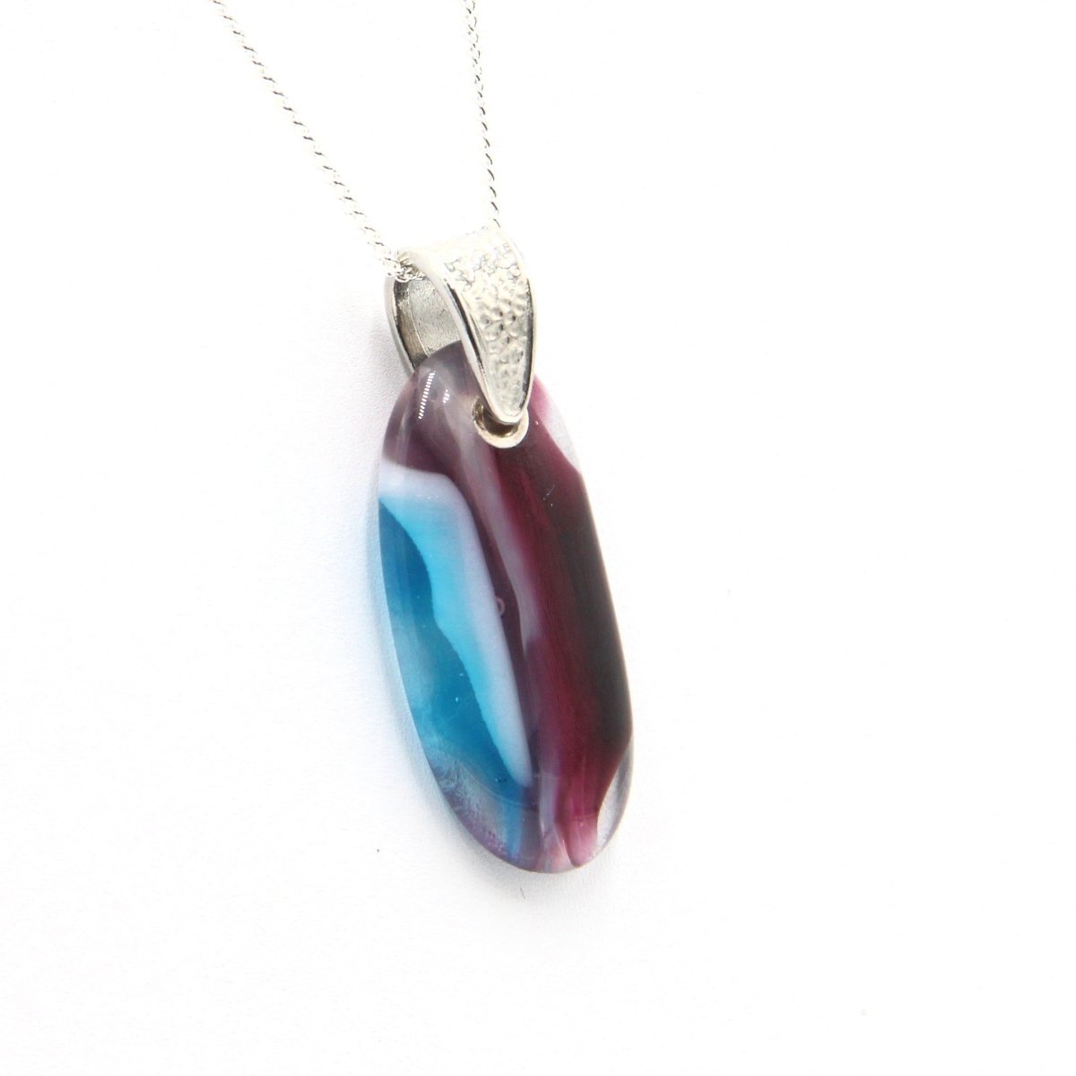 Burgundy, White, and Turquoise Glass Pendant with Silver Accents