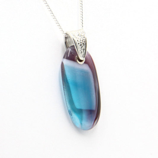Burgundy, White, and Turquoise Glass Pendant with Silver Accents