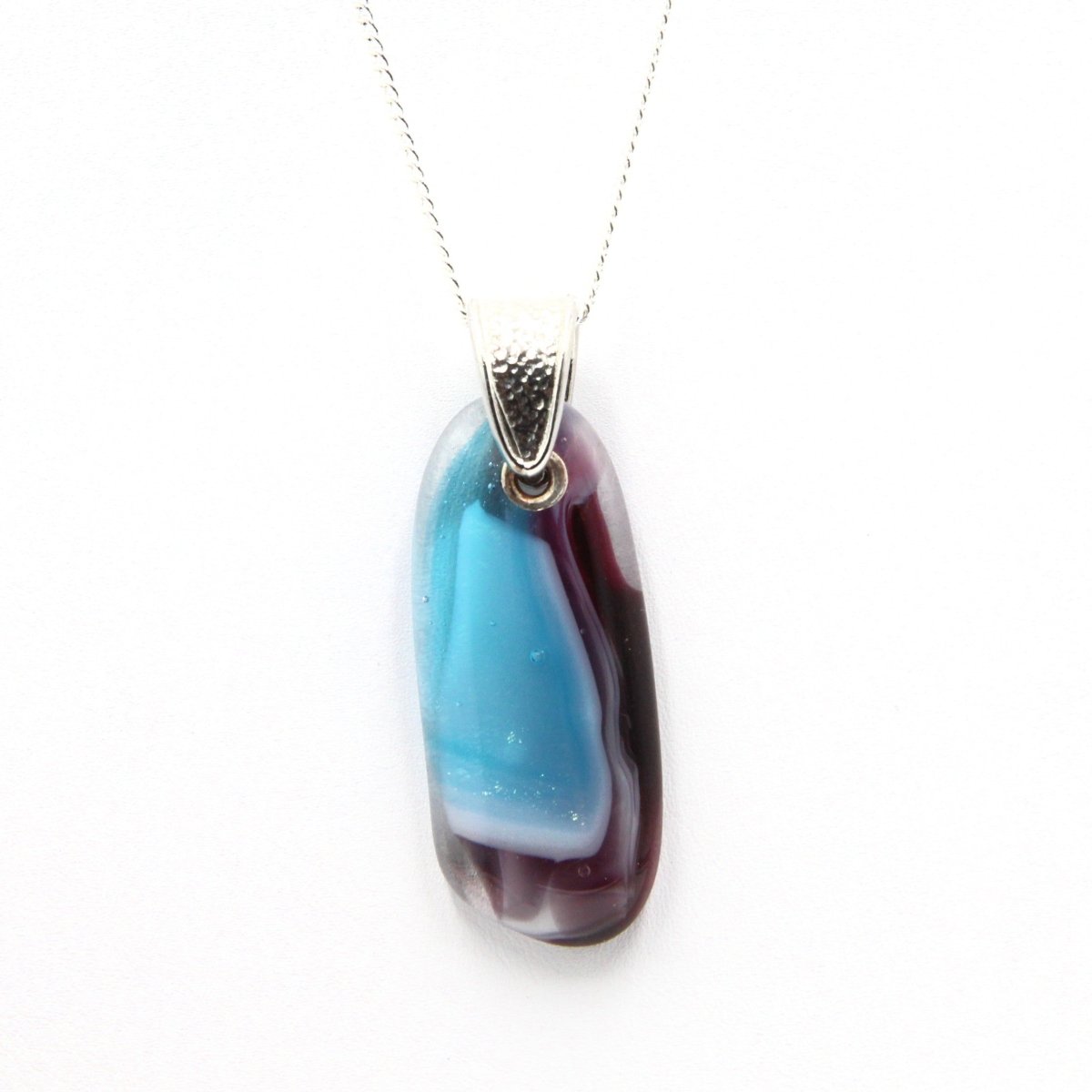 Burgundy, White, and Turquoise Glass Pendant with Silver Accents