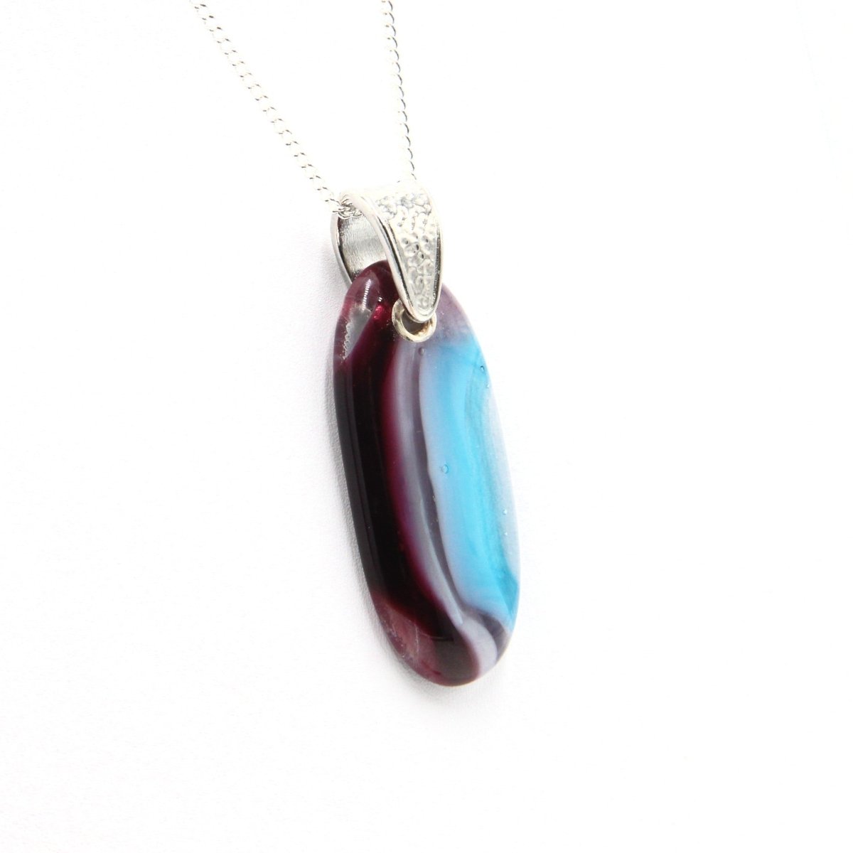 Burgundy, White, and Turquoise Glass Pendant with Silver Accents