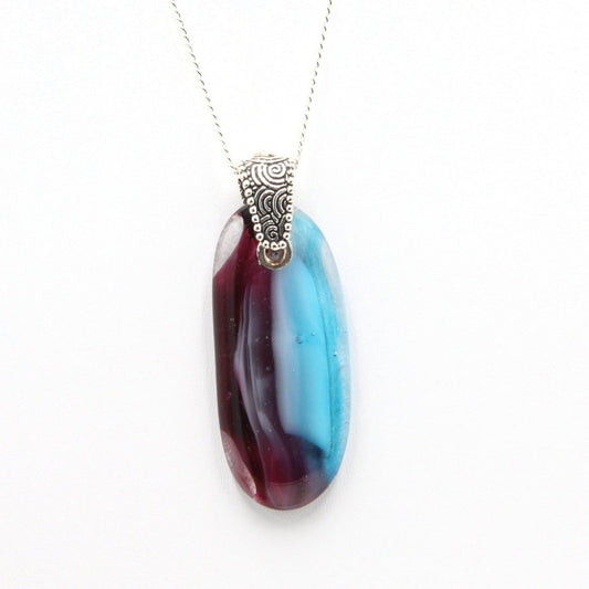 Burgundy, White, and Turquoise Glass Pendant with Silver Accents