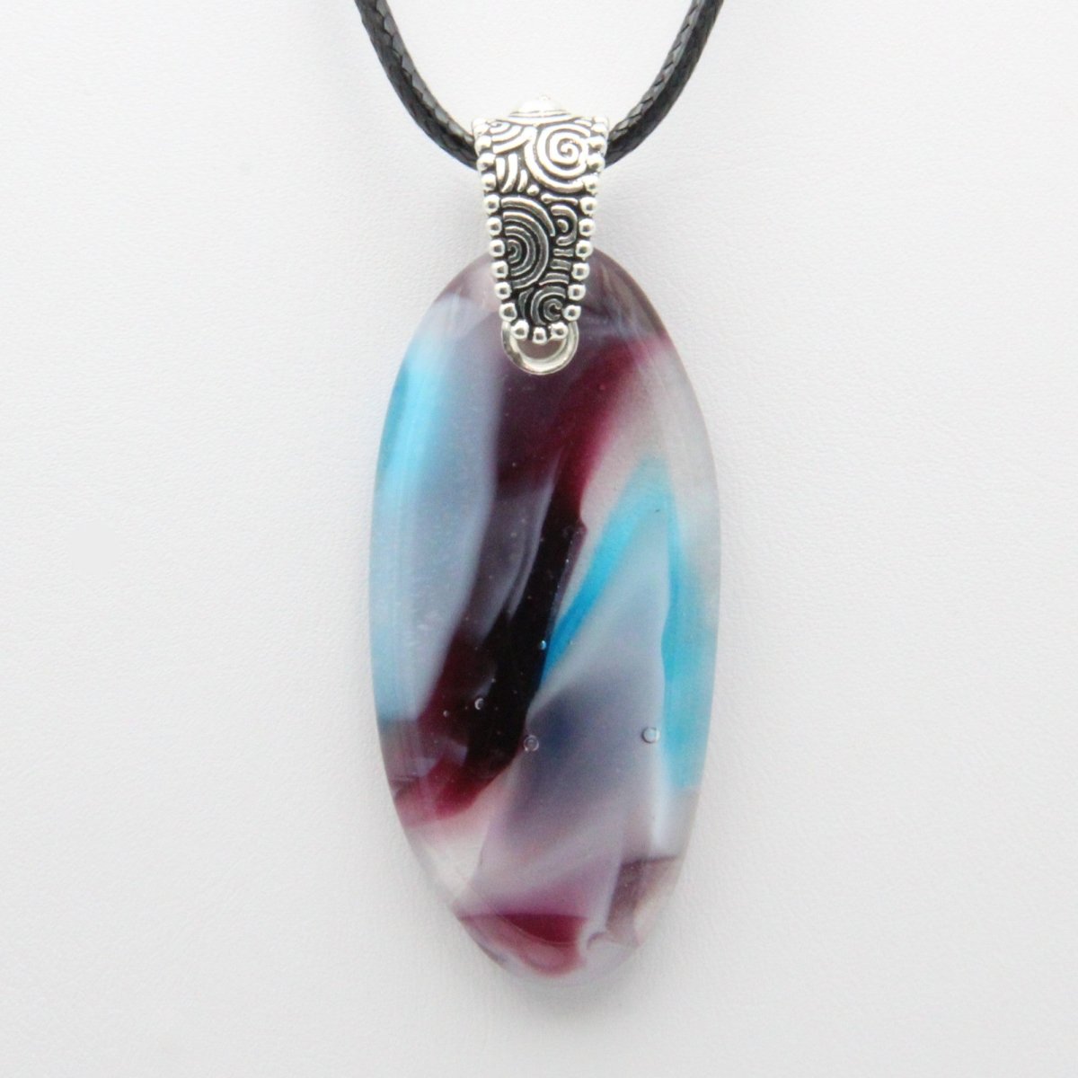 Burgundy, White, and Turquoise Glass Pendant with Silver Accents