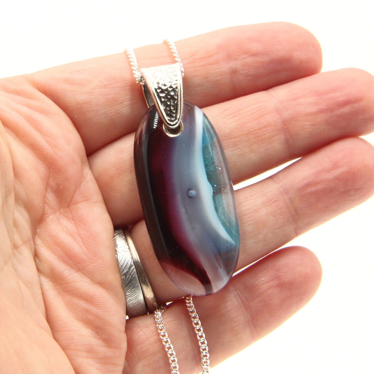 Burgundy, White, and Turquoise Glass Pendant with Silver Accents