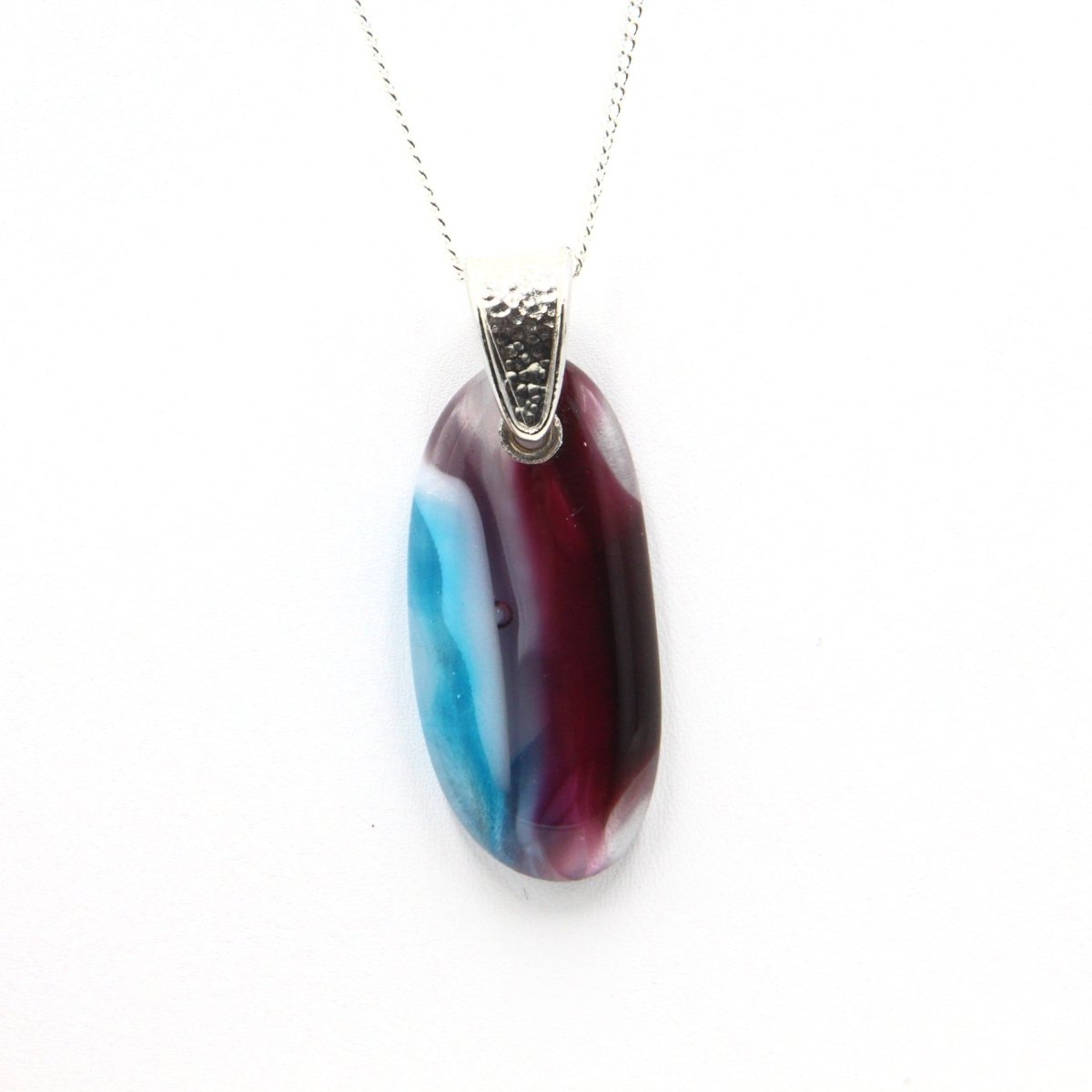 Burgundy, White, and Turquoise Glass Pendant with Silver Accents