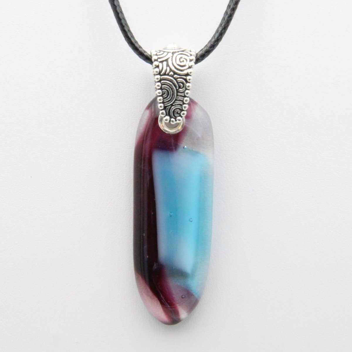 Burgundy, White, and Turquoise Glass Pendant with Silver Accents