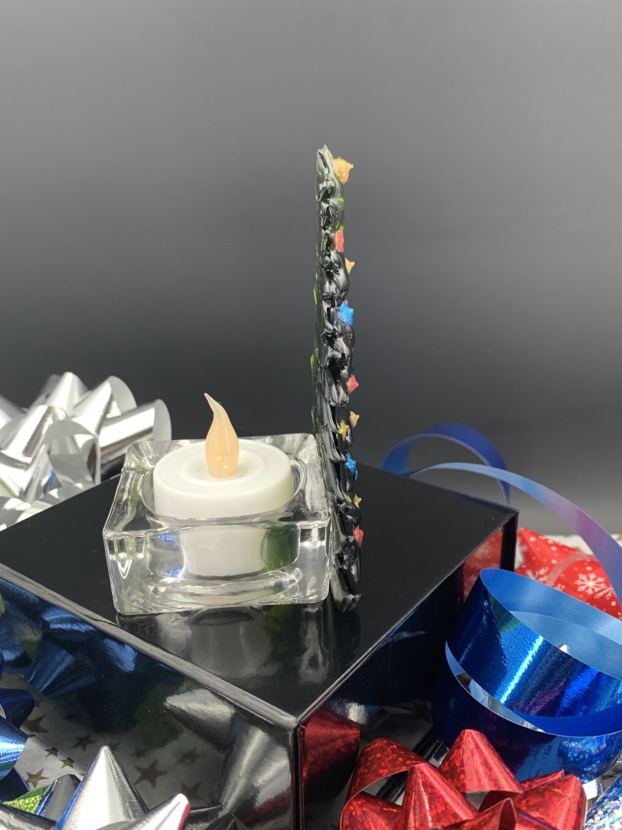 Christmas Tree Candle Holder from Upcycled Wine Bottle, Sustainable, Eco Friendly Holiday Gift with LED Light Votive Holder Included
