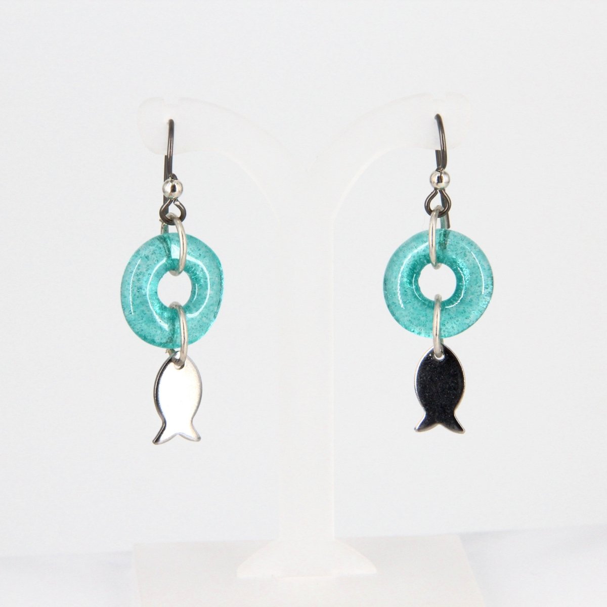 Dangle Earrings with Aqua Blue Glass Donut and Fish Charm