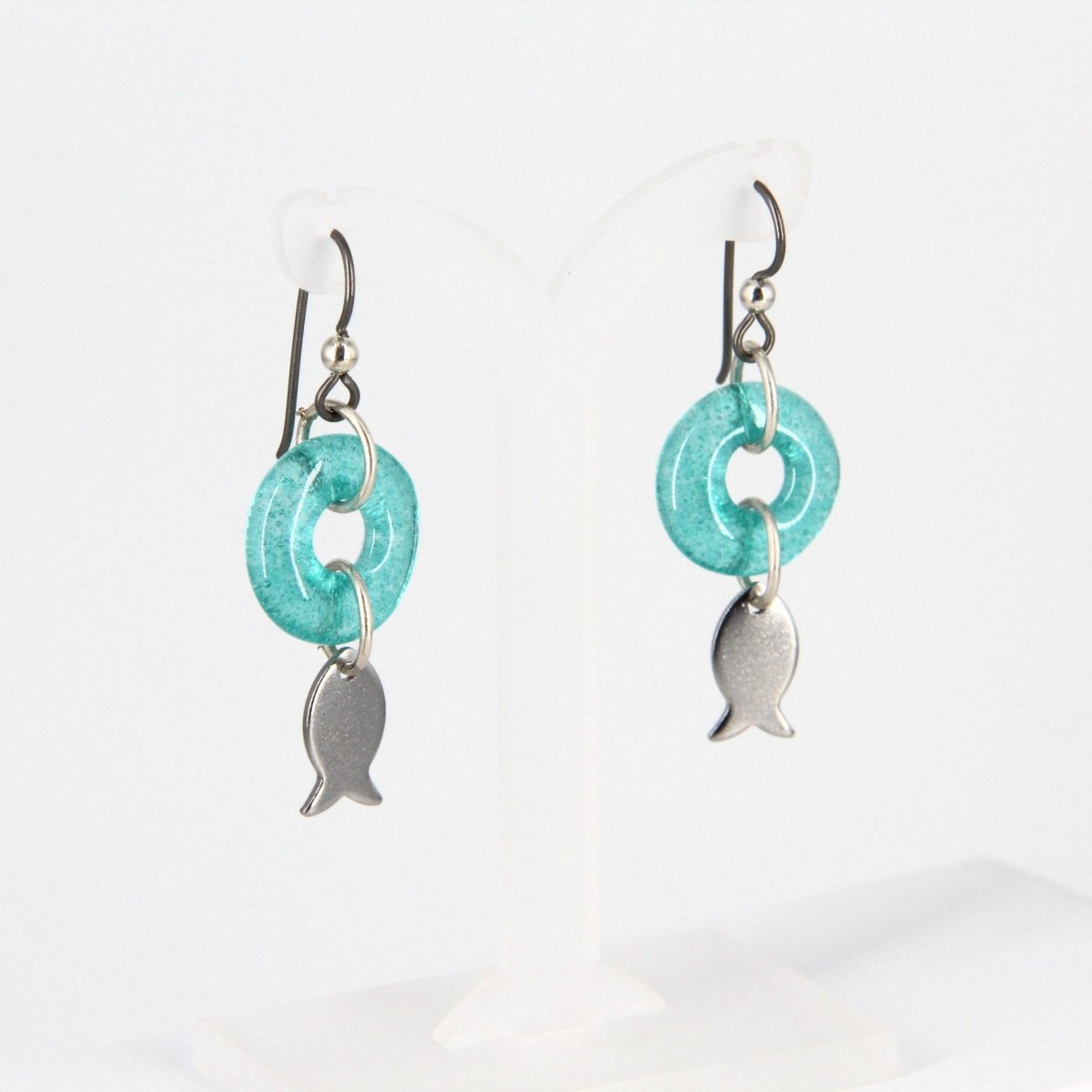 Dangle Earrings with Aqua Blue Glass Donut and Fish Charm