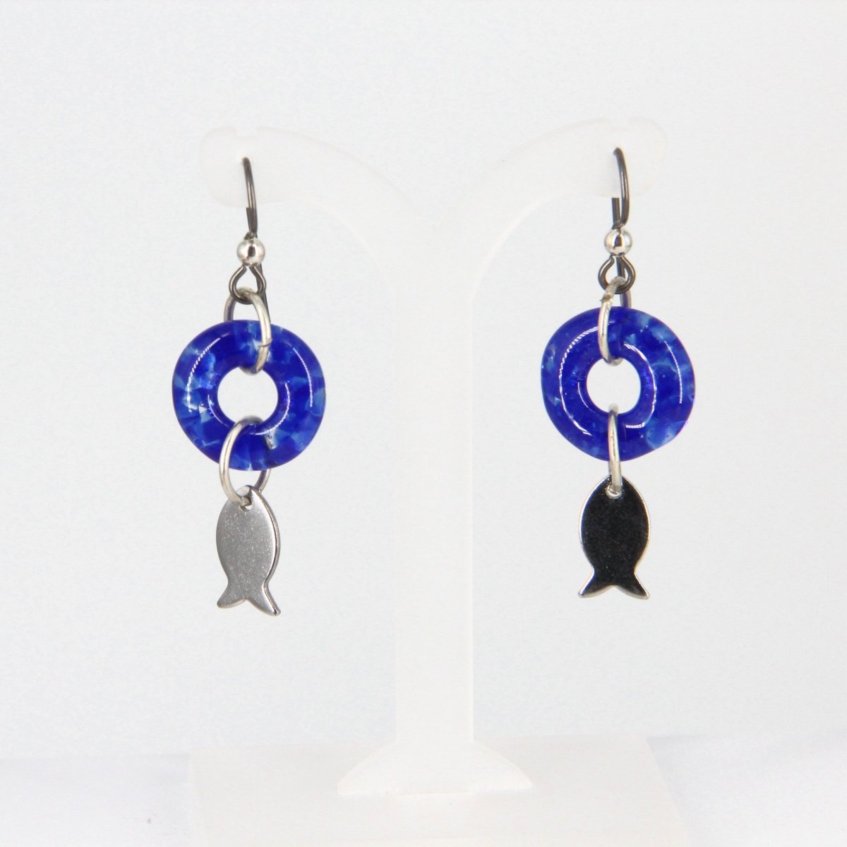 Dangle Earrings with Aqua Blue Glass Donut and Fish Charm