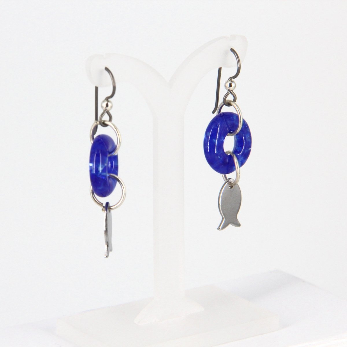Dangle Earrings with Aqua Blue Glass Donut and Fish Charm