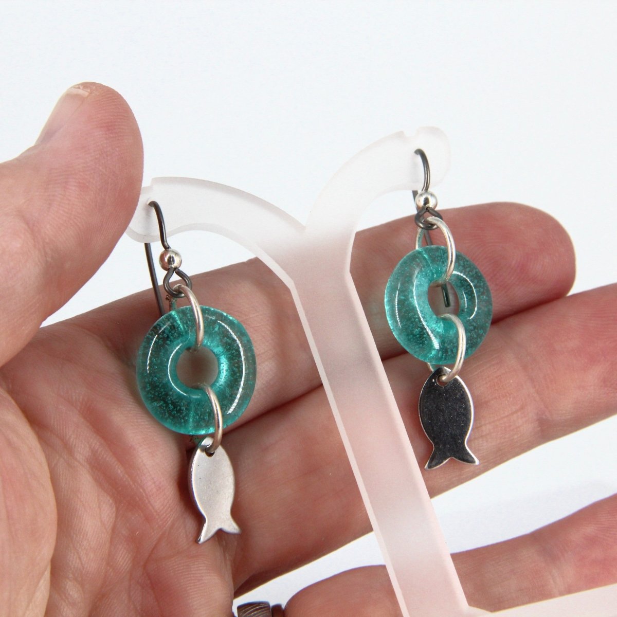 Dangle Earrings with Aqua Blue Glass Donut and Fish Charm