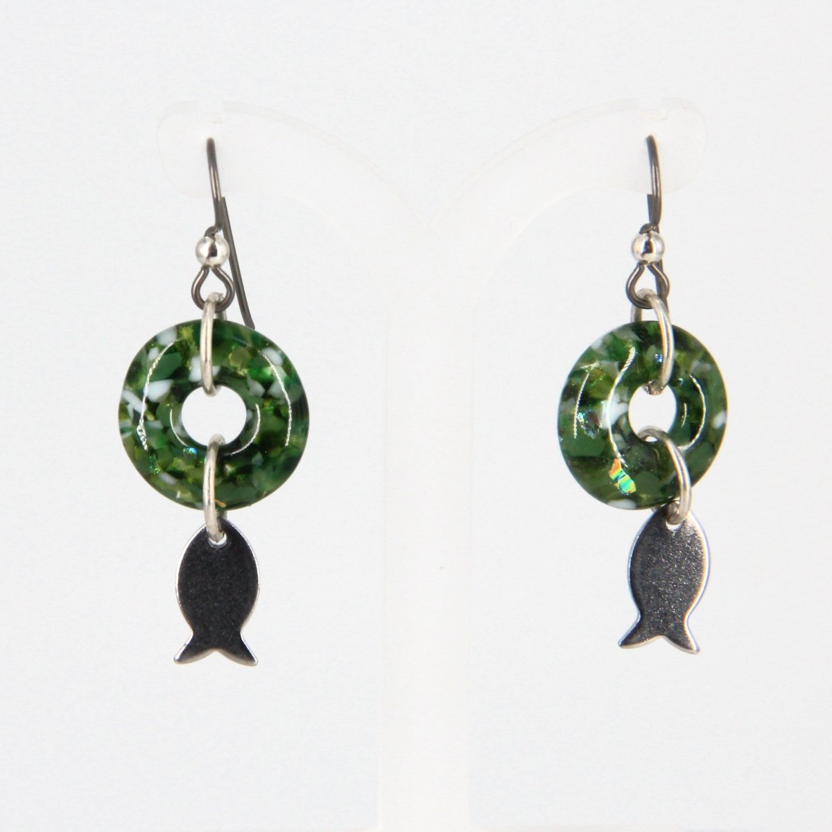 Dangle Earrings with Green Glass Donut and Fish Charm