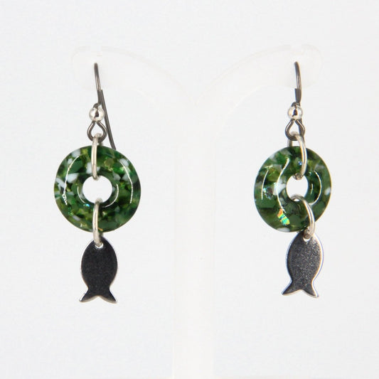 Dangle Earrings with Green Glass Donut and Fish Charm