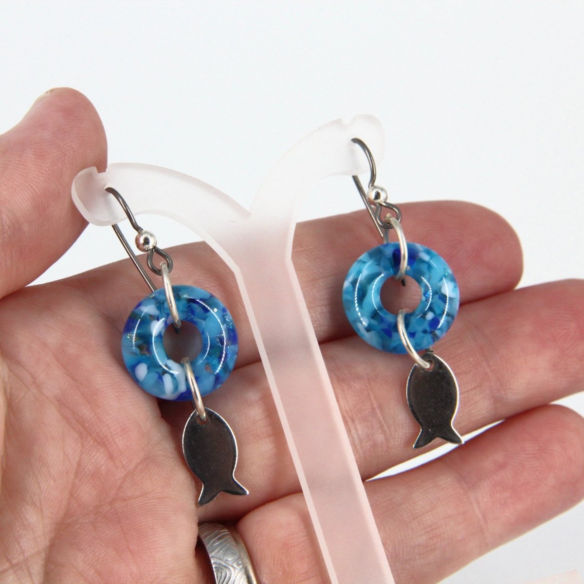 Dangle Earrings with Turquoise Blue Glass Donut and Fish Charm