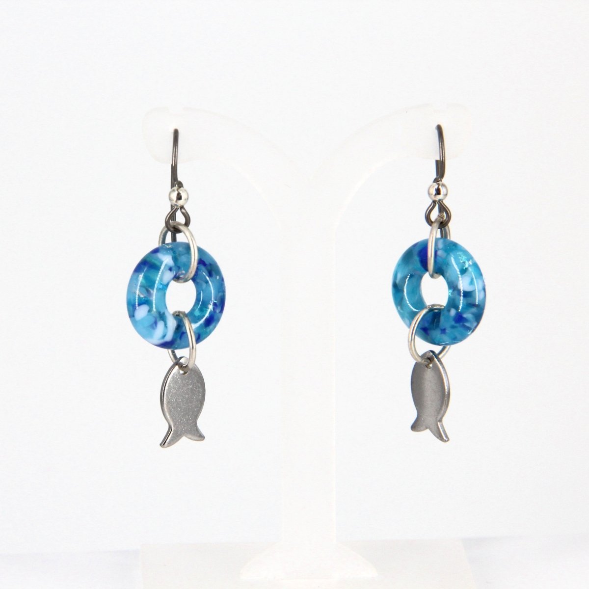 Dangle Earrings with Turquoise Blue Glass Donut and Fish Charm