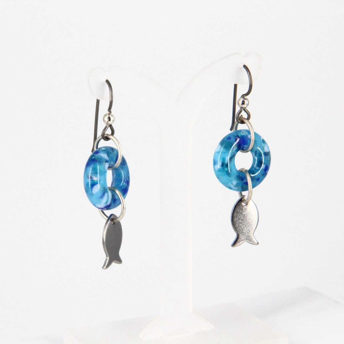 Dangle Earrings with Turquoise Blue Glass Donut and Fish Charm