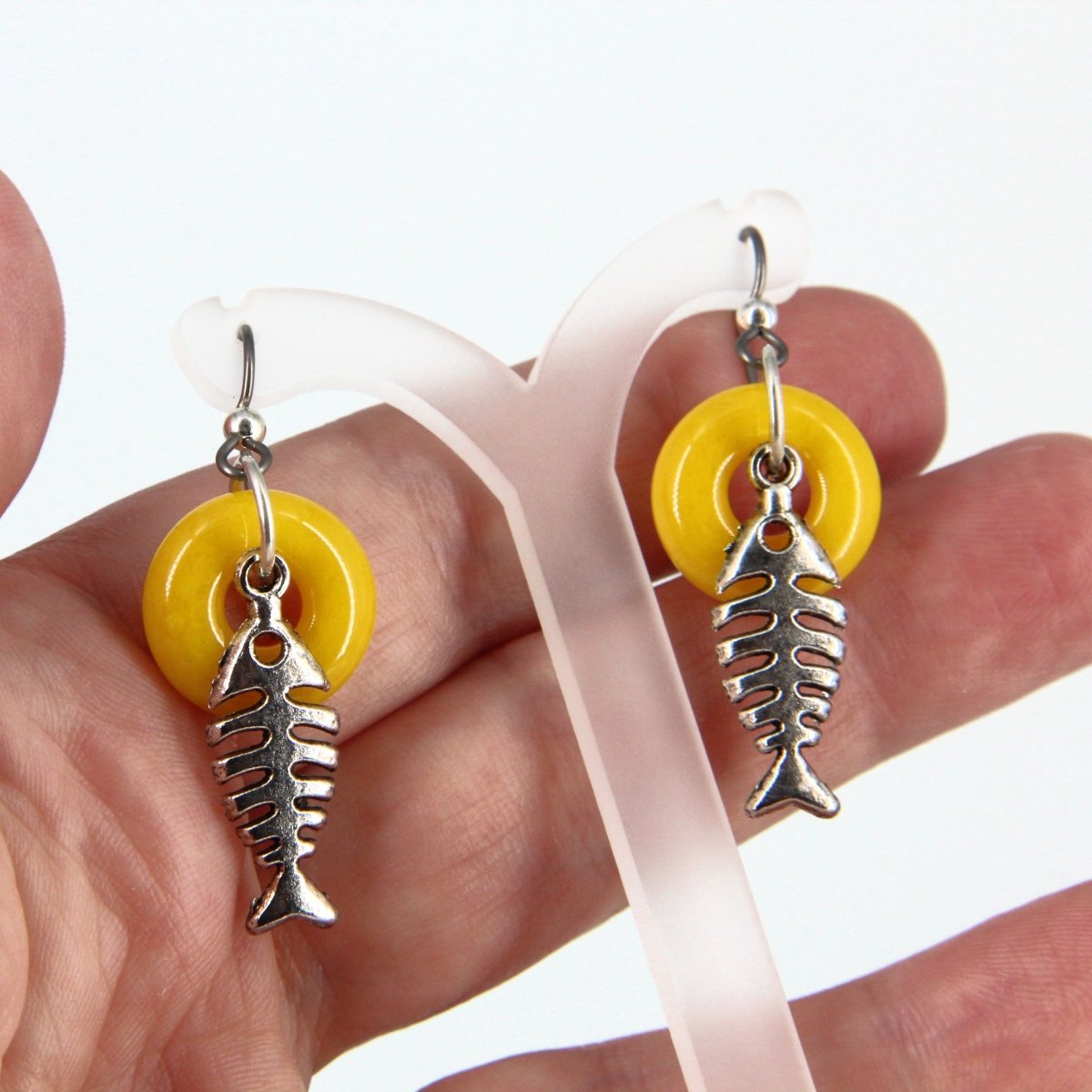 Dangle Earrings with Yellow Glass Donut and Fishbone Charm