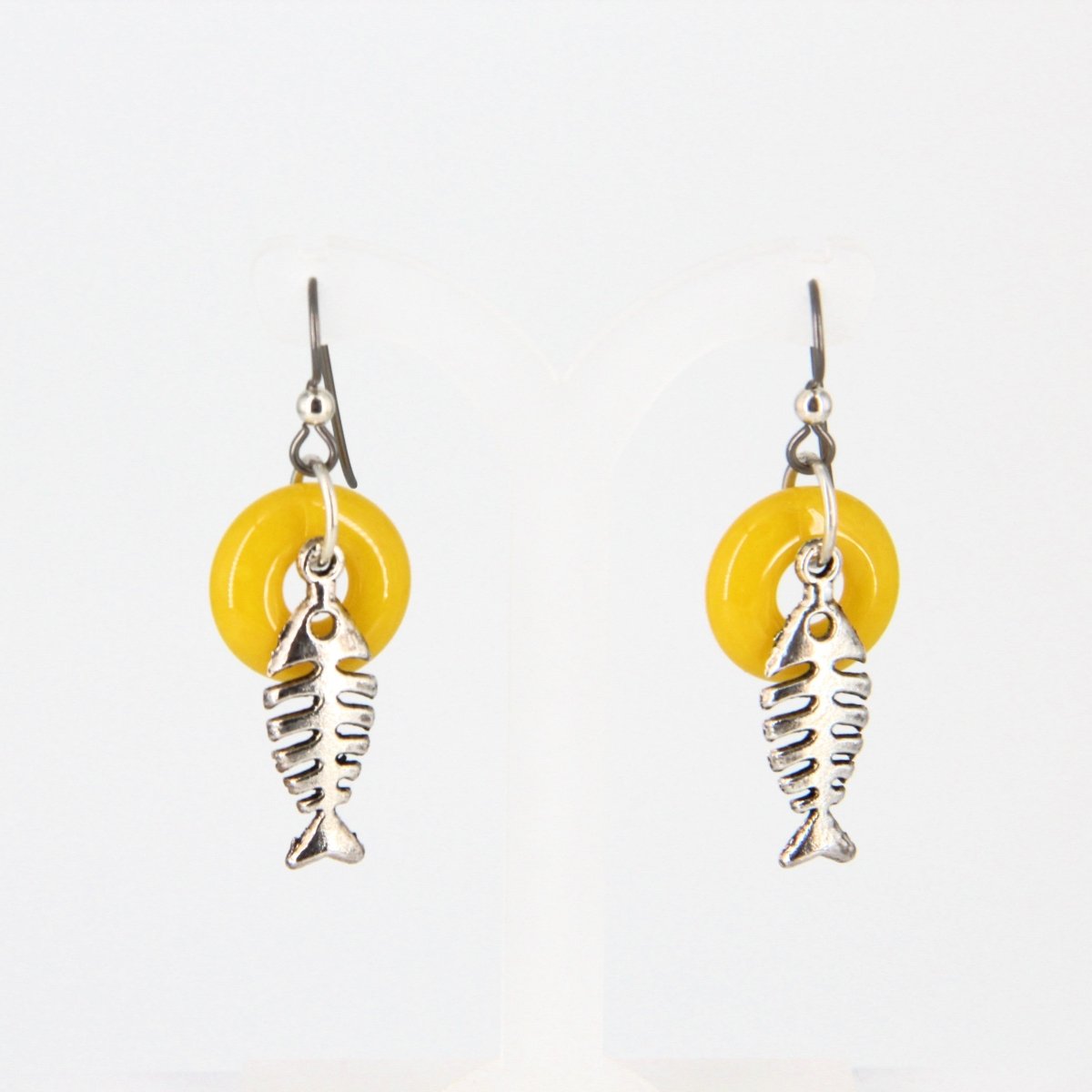 Dangle Earrings with Yellow Glass Donut and Fishbone Charm