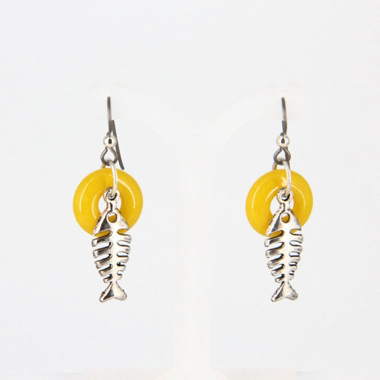 Dangle Earrings with Yellow Glass Donut and Fishbone Charm
