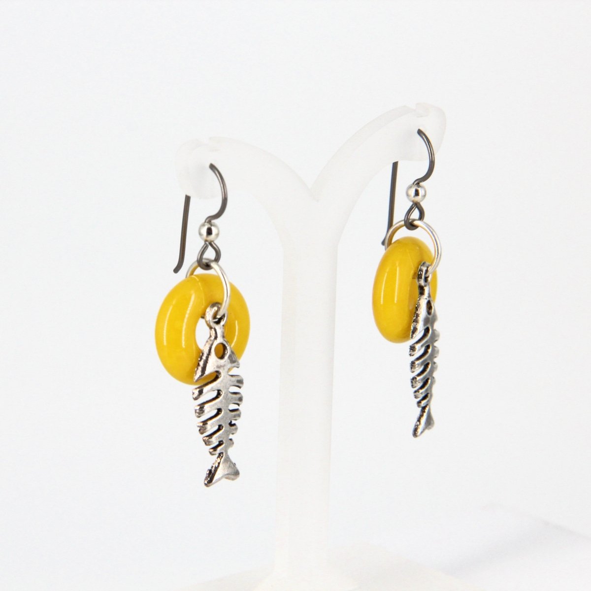 Dangle Earrings with Yellow Glass Donut and Fishbone Charm