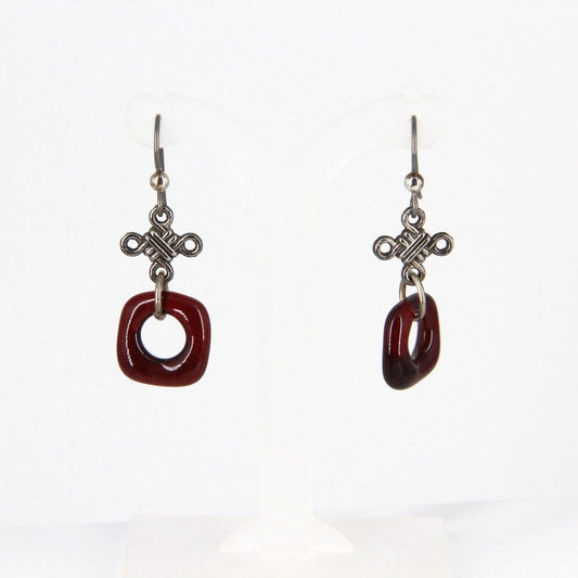 Dark Red Glass Dangle Earrings with Silver Knot Charm