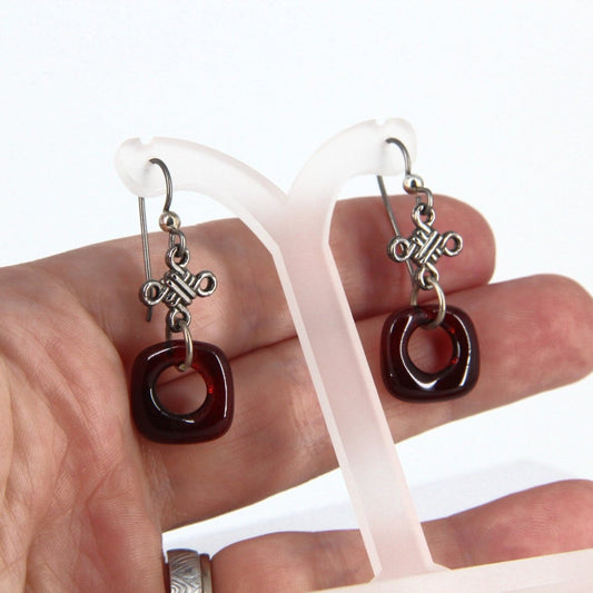 Dark Red Glass Dangle Earrings with Silver Knot Charm