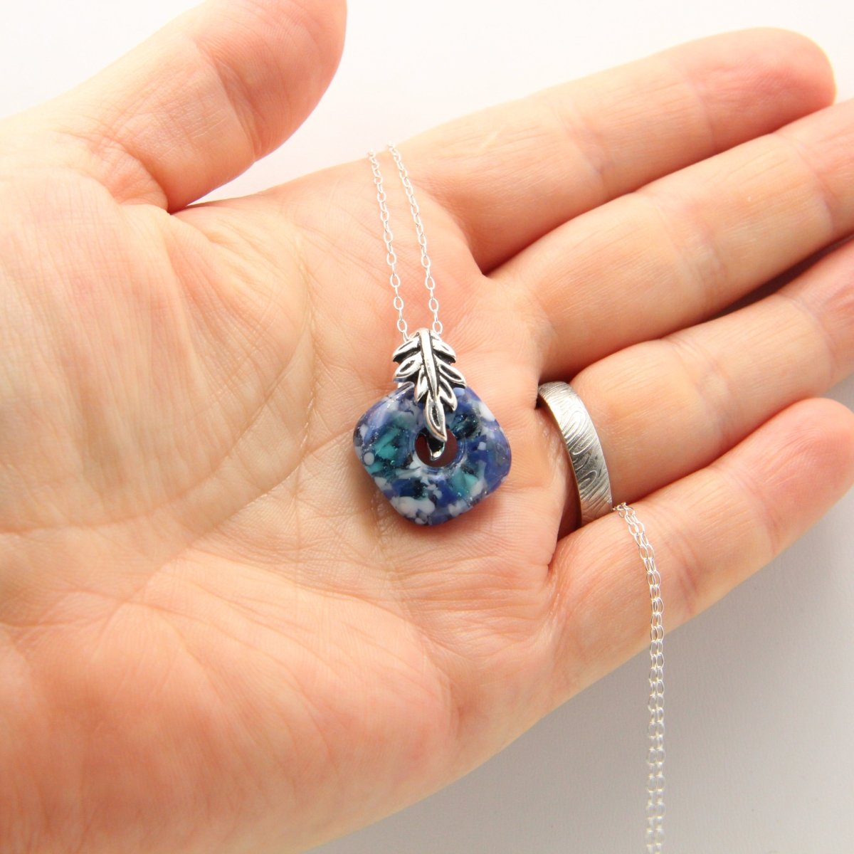 Delicate Speckled Blue and White Glass Pendant