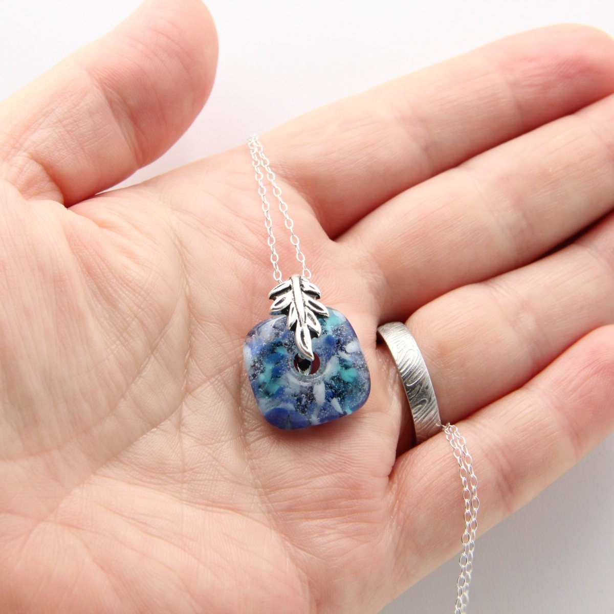 Delicate Speckled Blue and White Glass Pendant