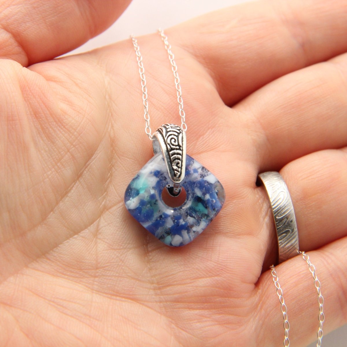 Delicate Speckled Blue and White Glass Pendant