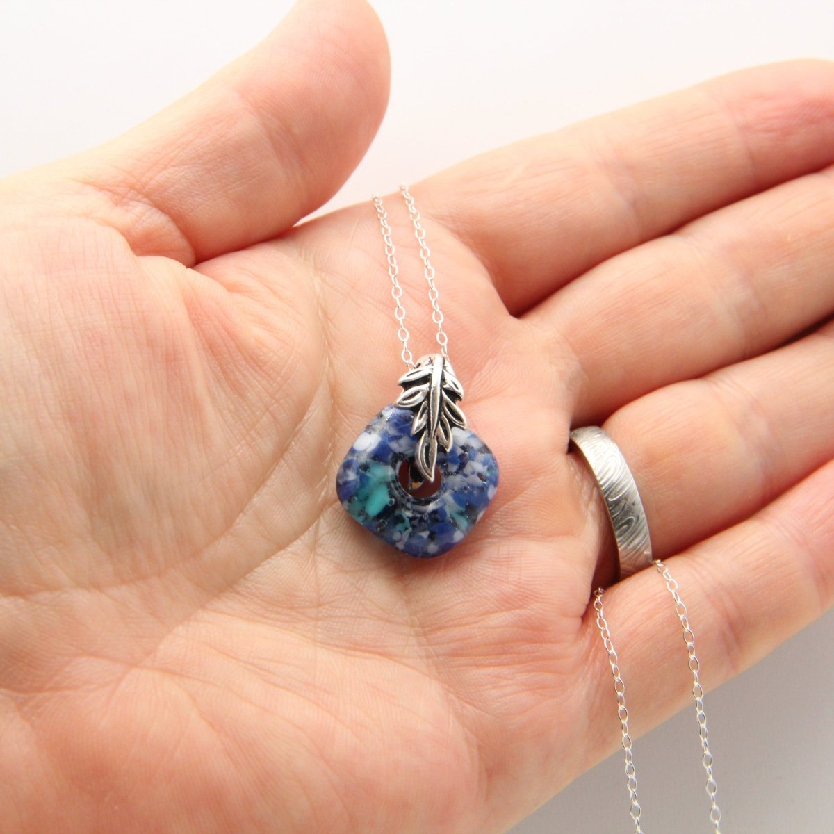 Delicate Speckled Blue and White Glass Pendant