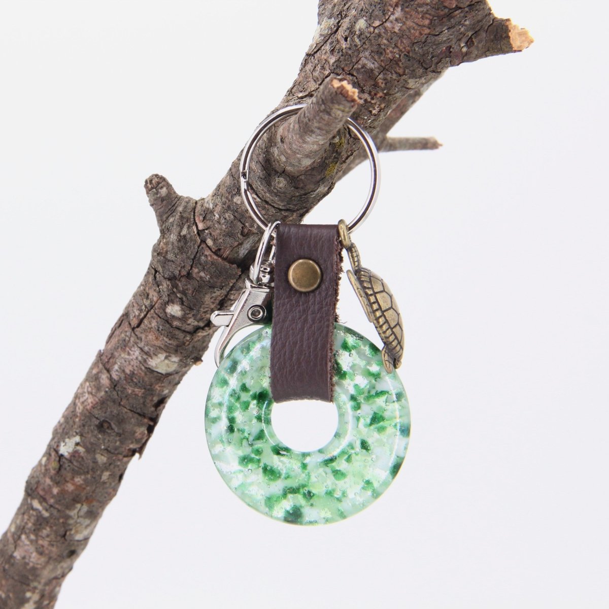 Glass and Leather Keychain with a Turtle Charm