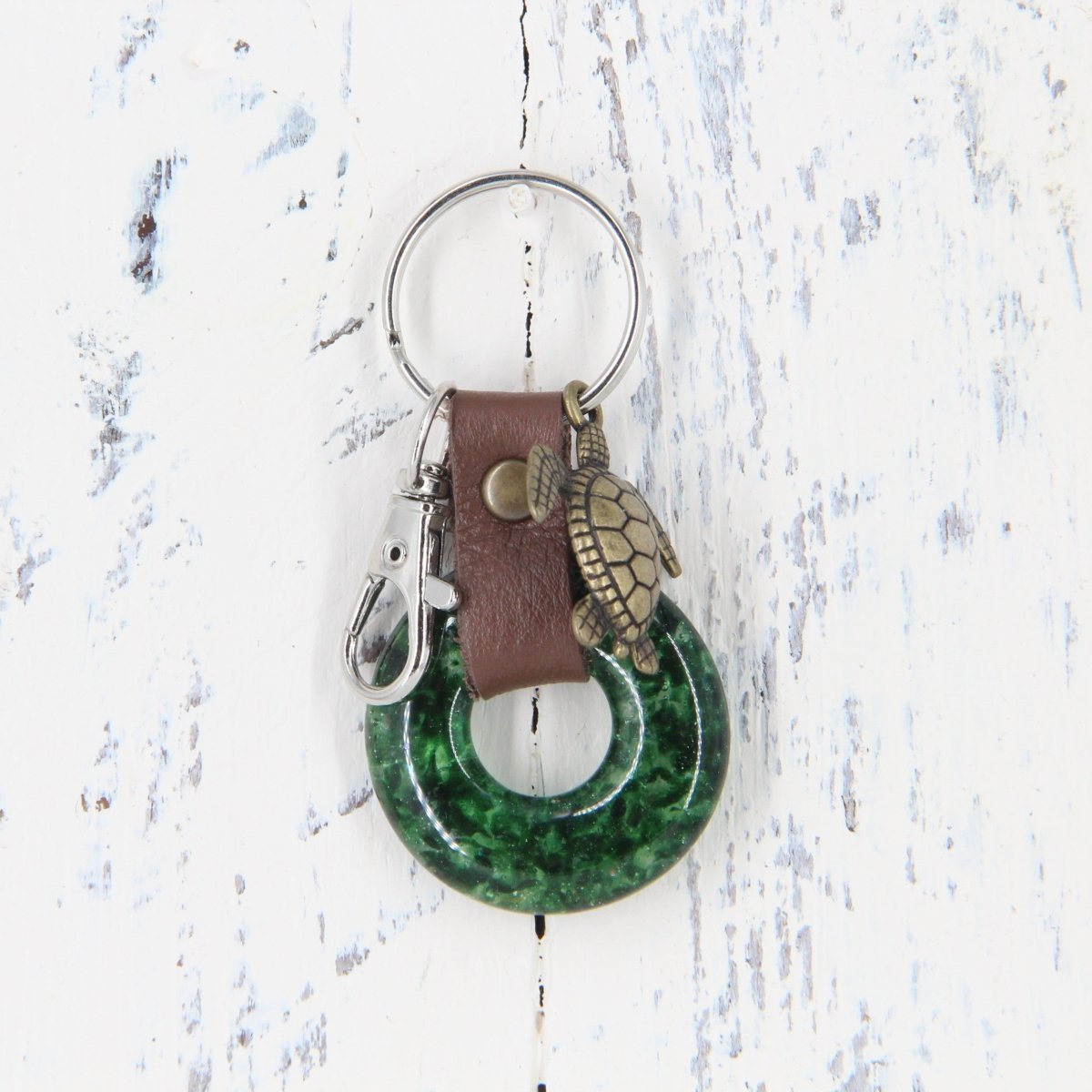Glass and Leather Keychain with a Turtle Charm