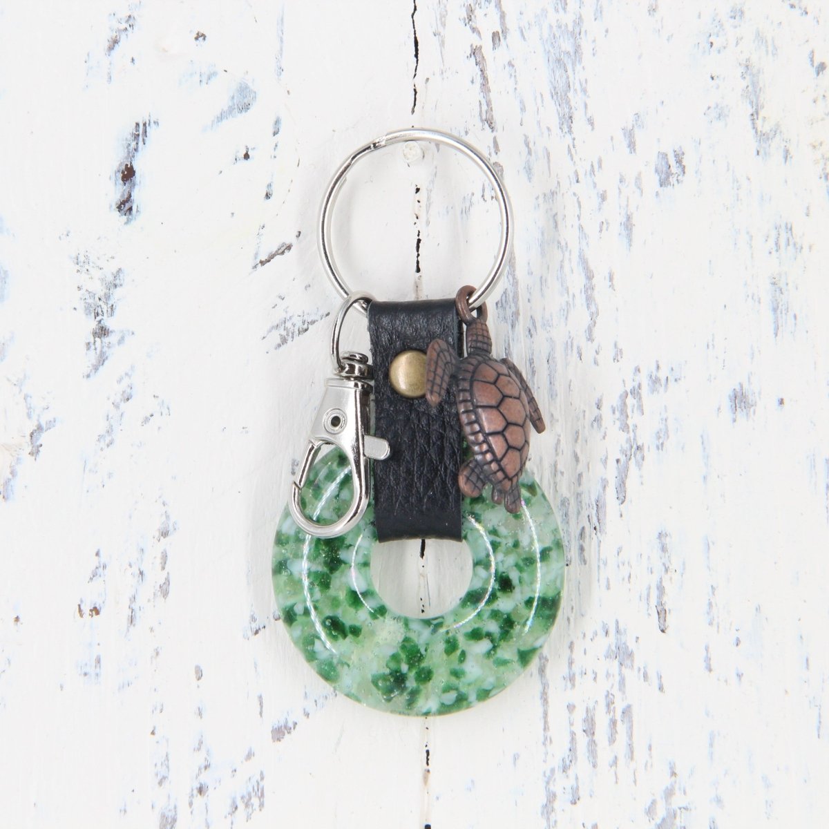 Glass and Leather Keychain with a Turtle Charm