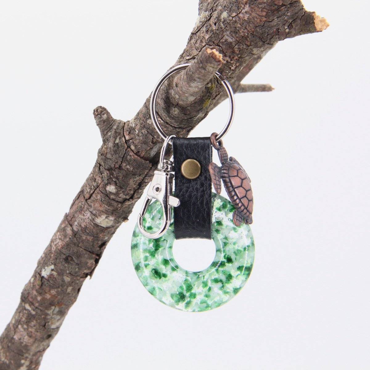 Glass and Leather Keychain with a Turtle Charm