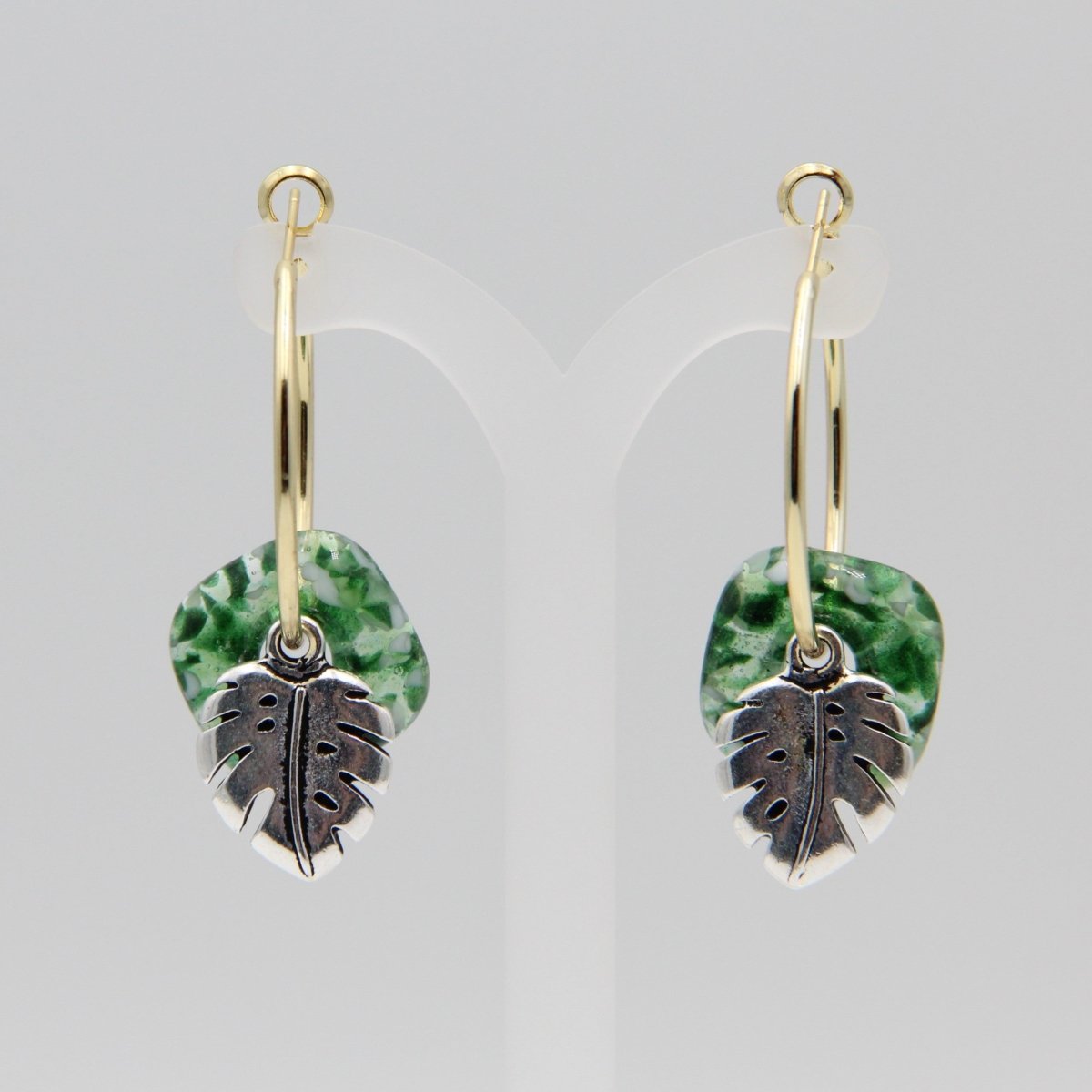 Gold Hoop Earrings with Green Glass Donuts and Monstera Leaf Charms