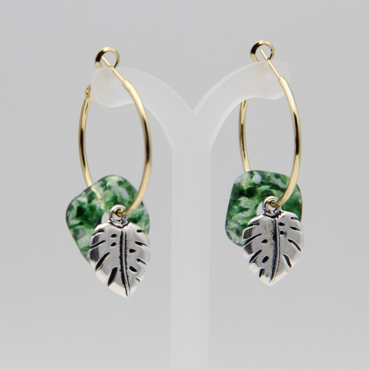 Gold Hoop Earrings with Green Glass Donuts and Monstera Leaf Charms
