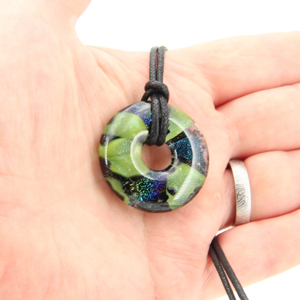 Green and Blue Dichroic Chunky Donut Glass Pendant