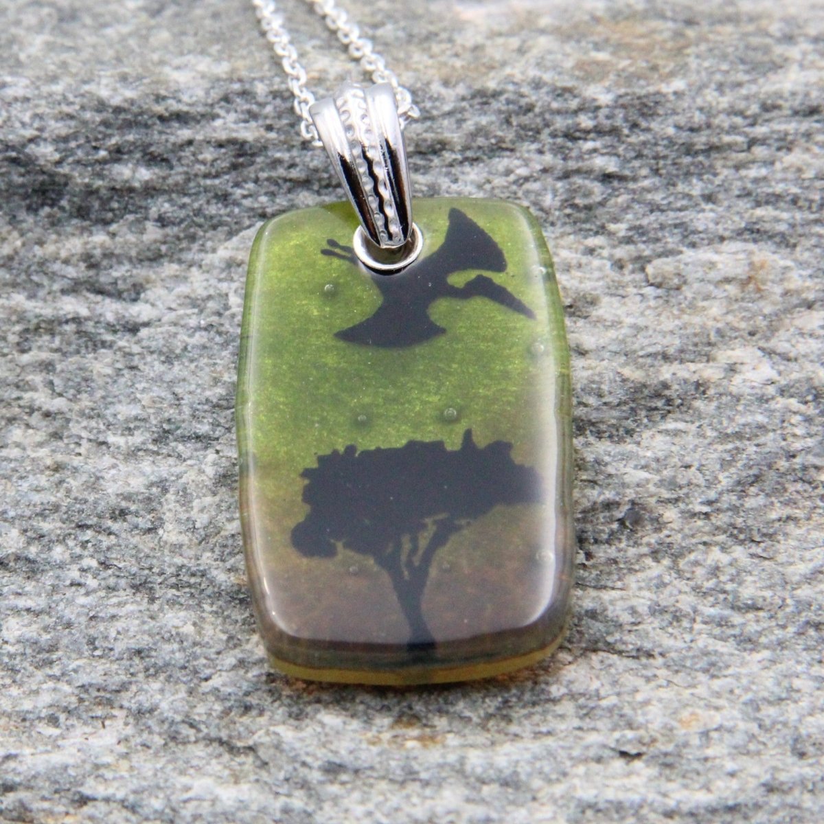 Green and Brown Pterodactyl Glass Pendant on a Silver Chain