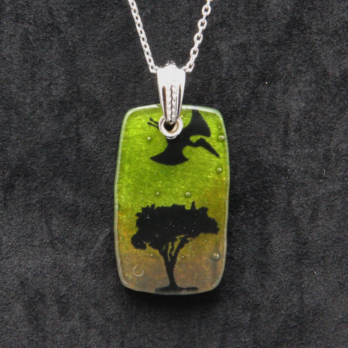 Green and Brown Pterodactyl Glass Pendant on a Silver Chain