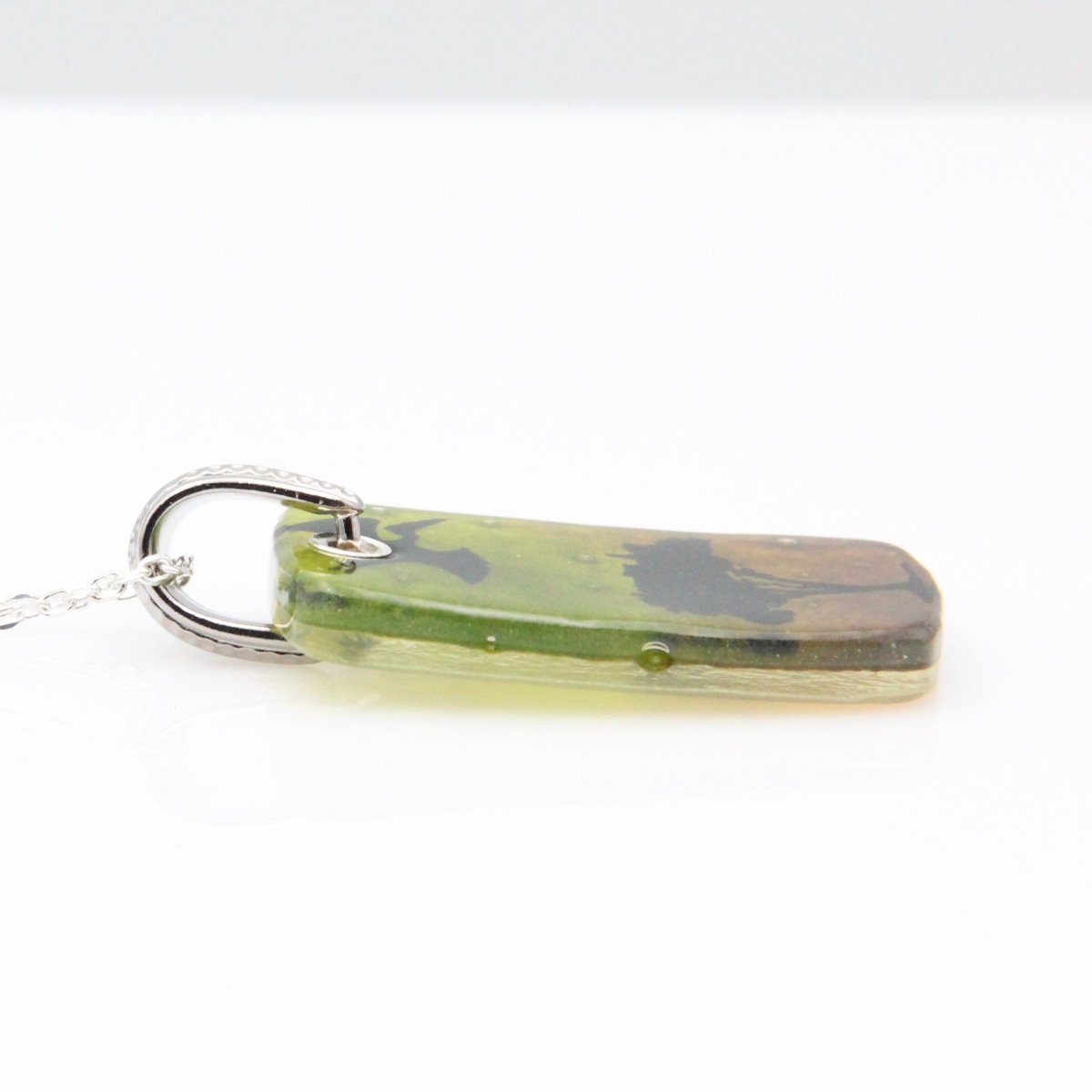 Green and Brown Pterodactyl Glass Pendant on a Silver Chain