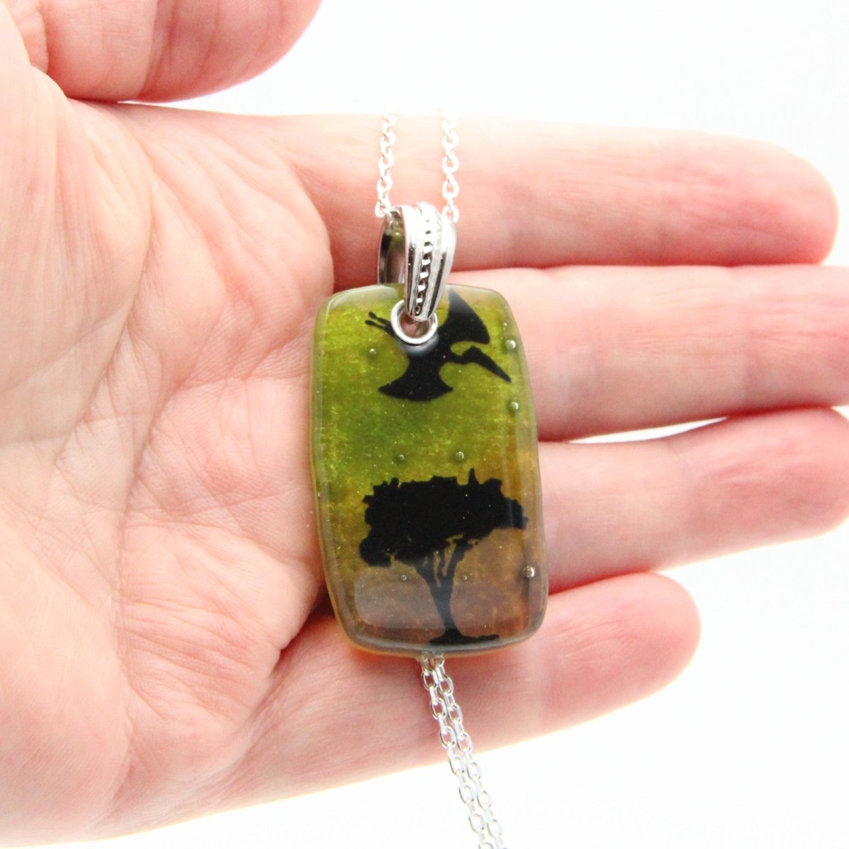 Green and Brown Pterodactyl Glass Pendant on a Silver Chain
