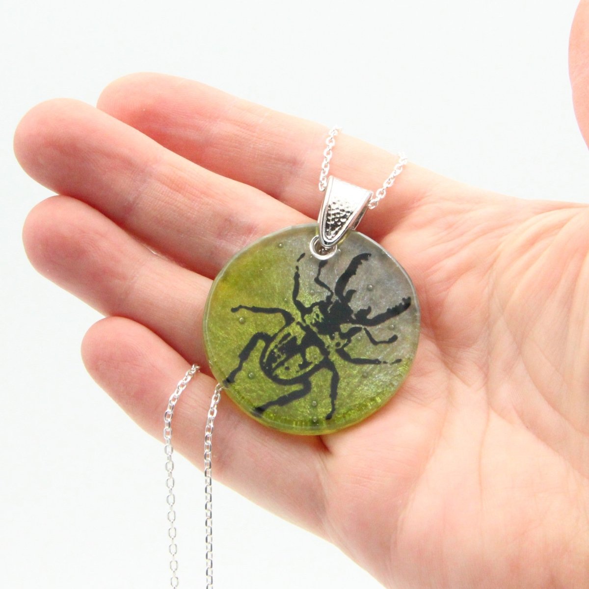 Green and Silver Beetle Glass Pendant on a Silver Chain