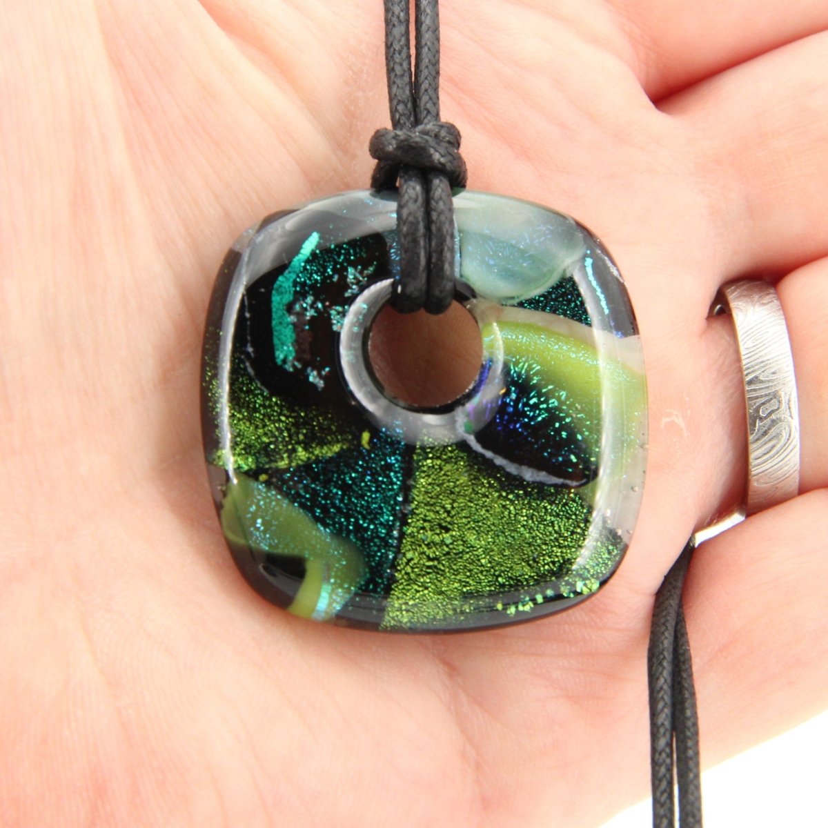 Green Dichroic Chunky Square Glass Pendant