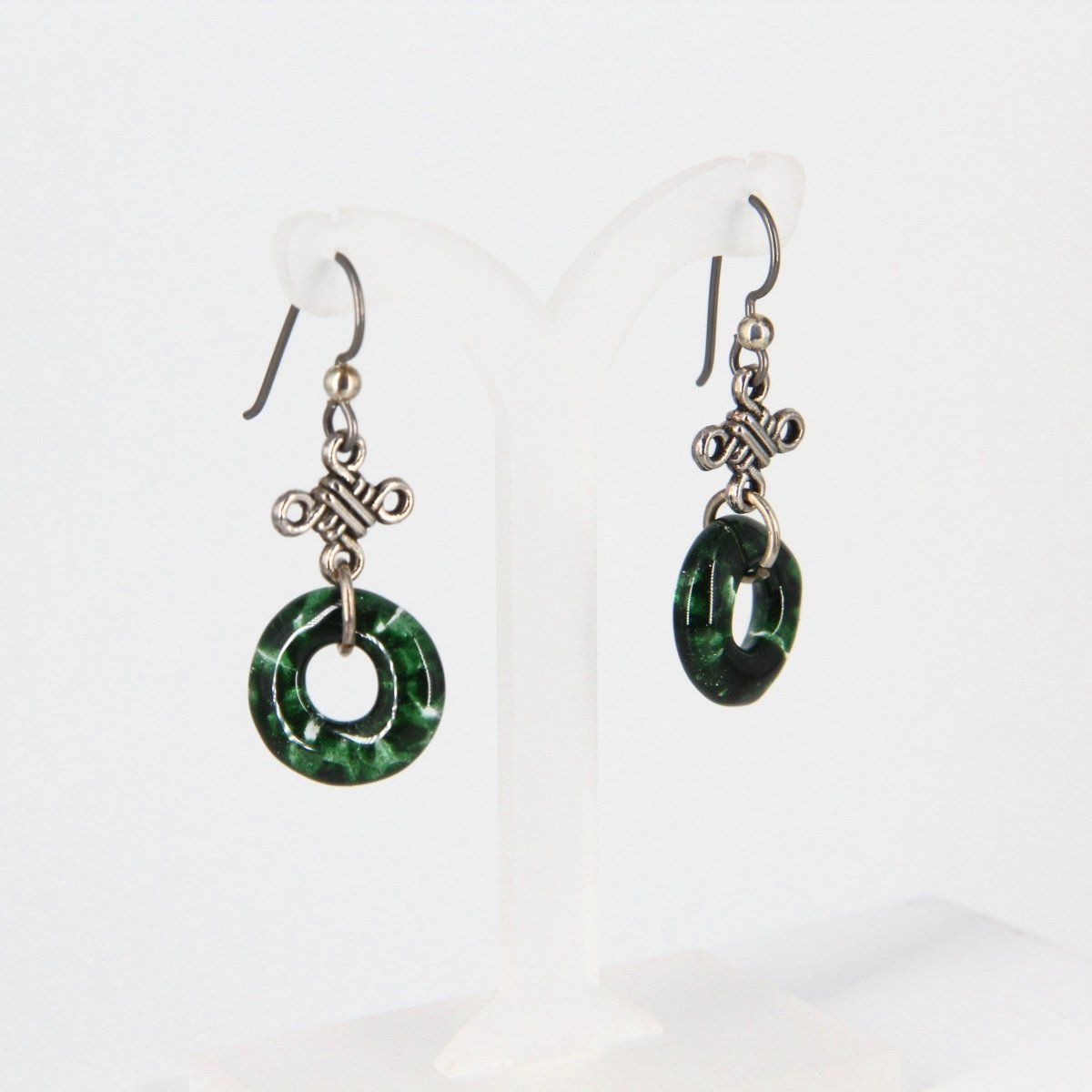 Green Glass Dangle Earrings with Silver Knot Charm
