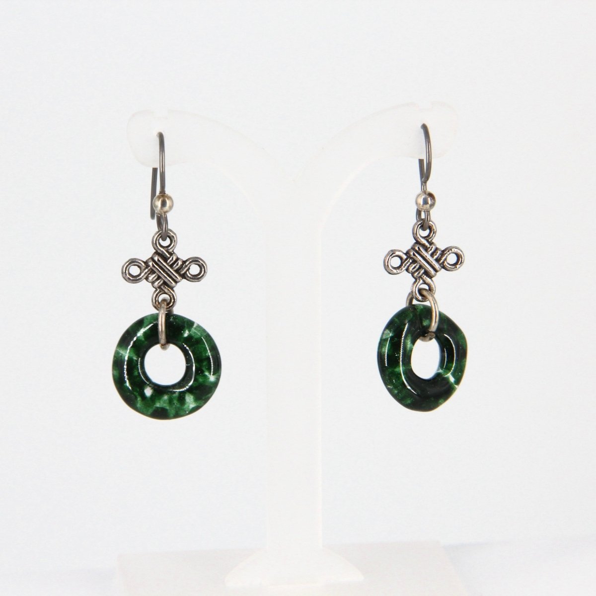Green Glass Dangle Earrings with Silver Knot Charm